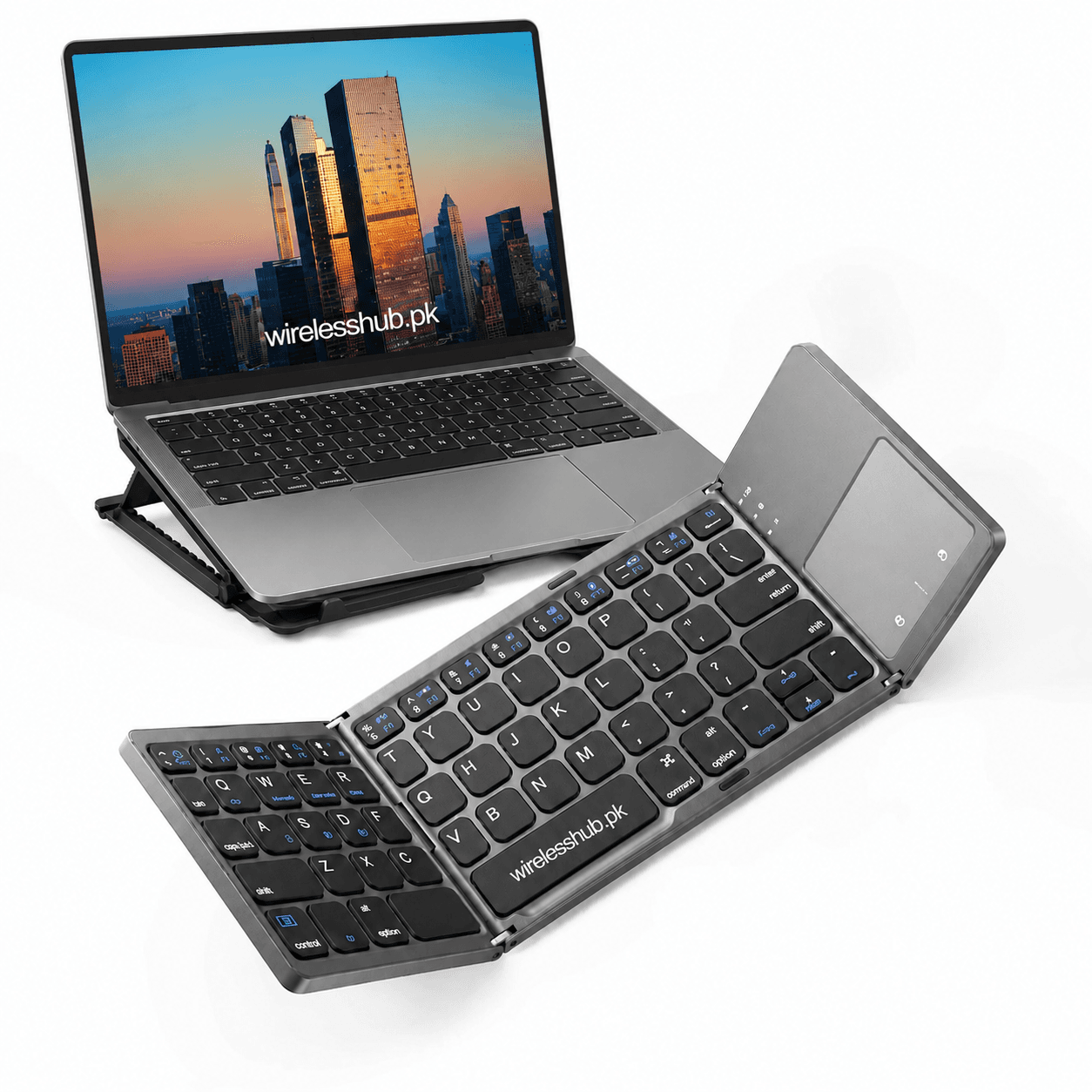 Foldable Bluetooth Keyboard with built-in touchpad — with laptop