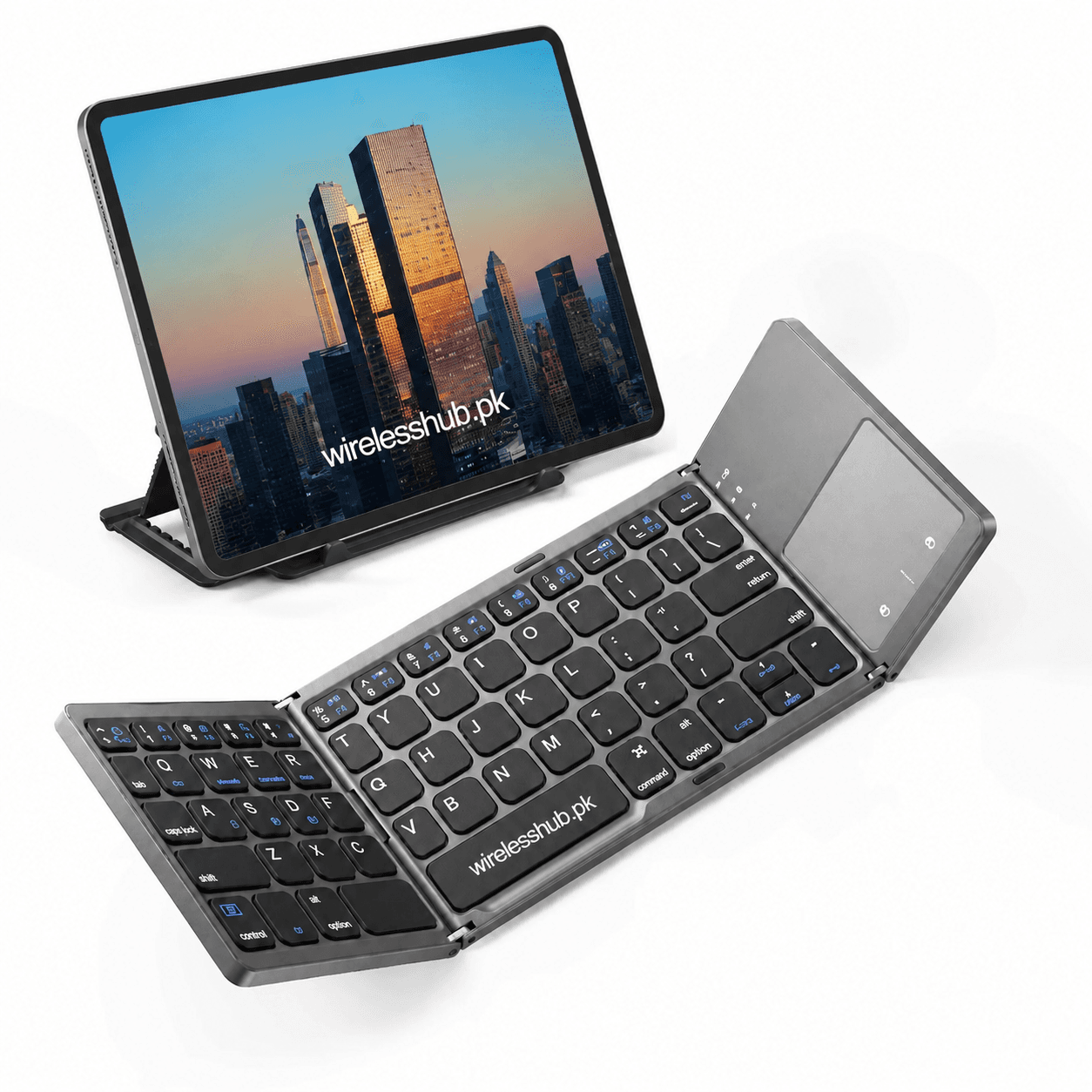 Foldable Bluetooth Keyboard with built-in touchpad — open with phone stand